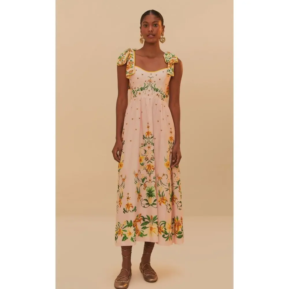 NWT Farm Rio Pink Botanical Beauty Shoulder Bow midi dress - Picture 1 of 7